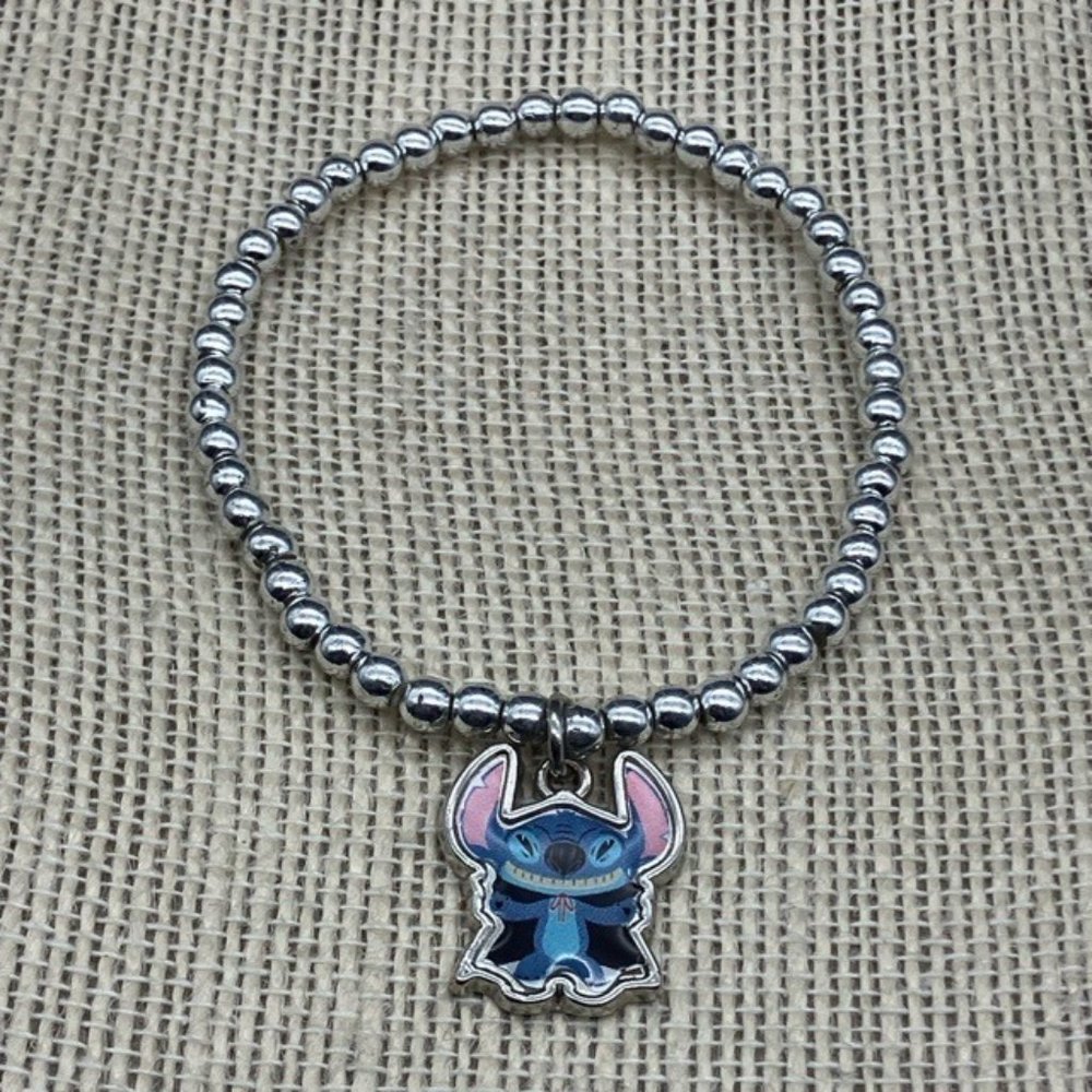 Disney Stitch Stretch Bracelet Charm Lilo And Smiling Grin Silver Bead Blue Pink